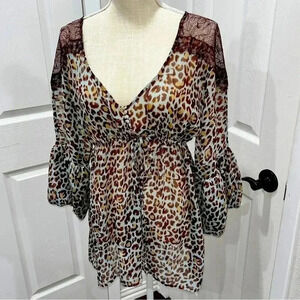BCBG MAXAZRIA SHEER LEOPARD PRINT BLOUSE,  CINCHED WAIST LACE EMBELLISHMENTS